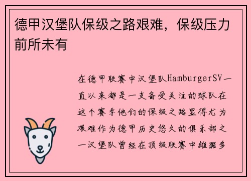 德甲汉堡队保级之路艰难,保级压力前所未有
